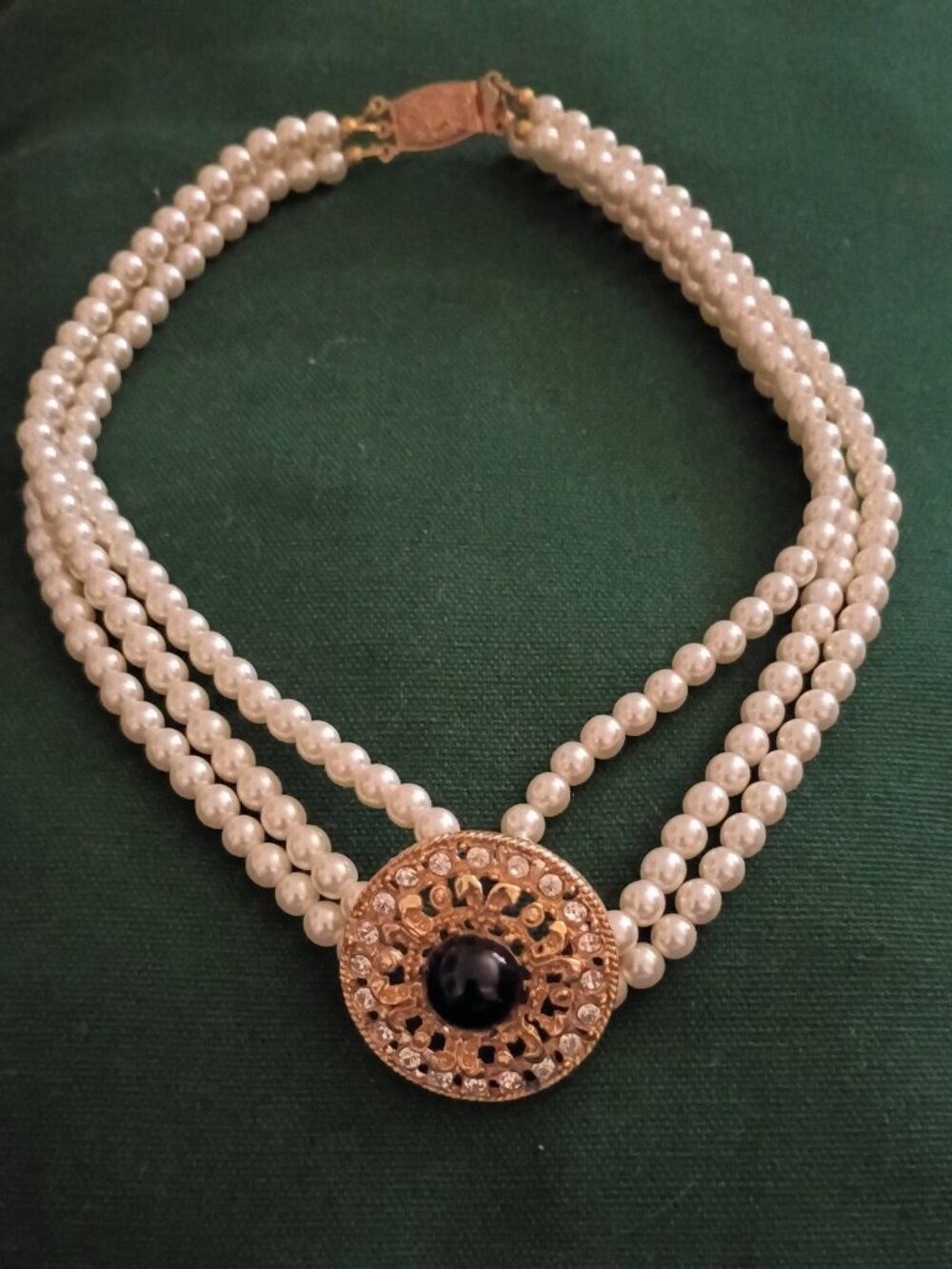 Triple Strand Faux Pearl Choker with Rhinestone Pendant
